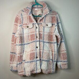 Pink Plaid Sherpa Button Up Shirt/Jacket Shacket Size Small